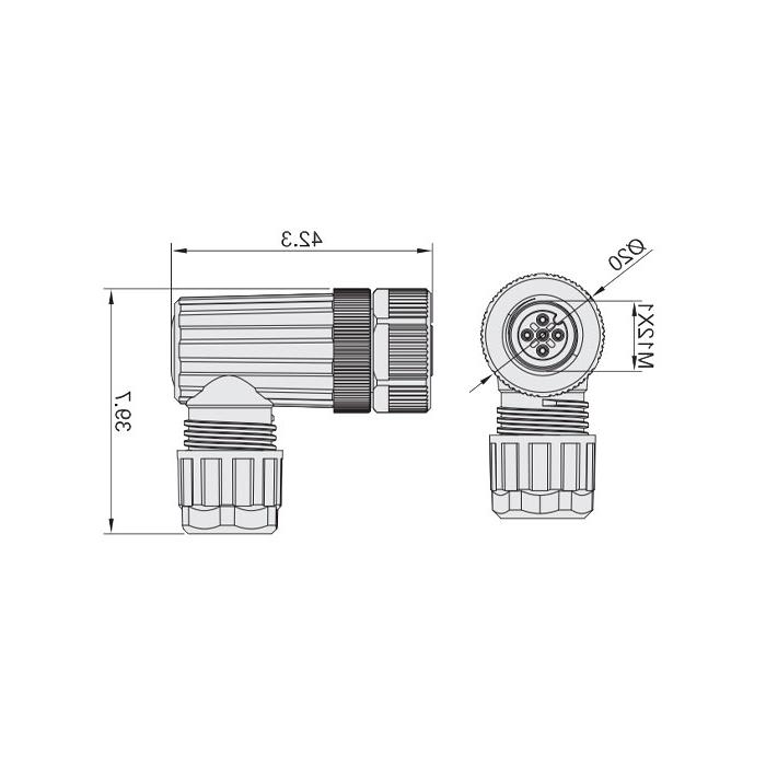 M12 5Pin、母头90°、食品級、螺钉连接、64F269